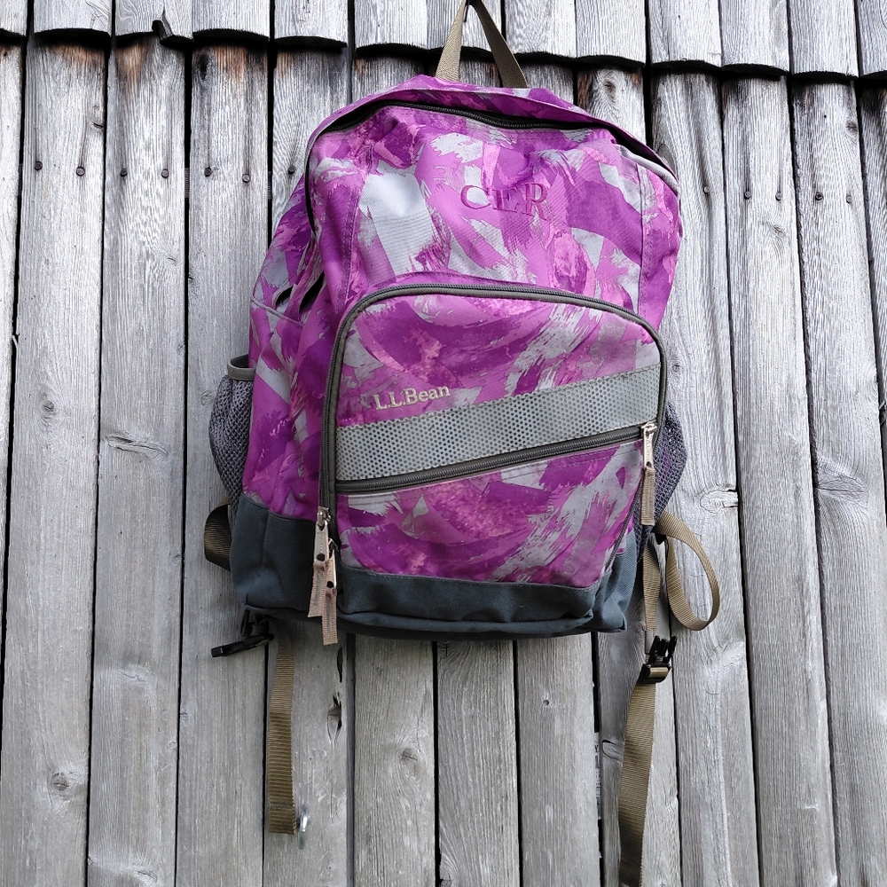 LL Bean black raspberry gray & magenta multi pocket nylon hiking school backpack